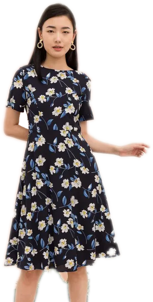 Floral Dress Woman Posing PNG Image