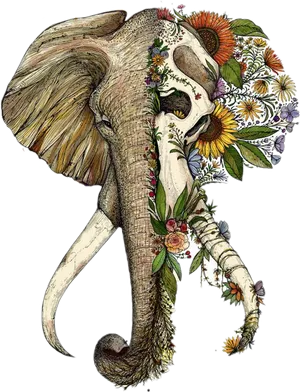 Floral Elephant Skull Tattoo Art PNG Image