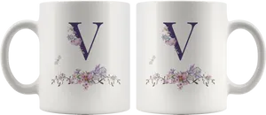 Floral Monogram V Mug PNG Image