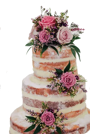 Floral Topped Naked Wedding Cake PNG Image