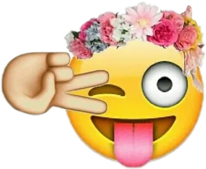 Flower Crown Winking Emoji Peace Sign PNG Image