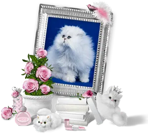 Fluffy White Cat Framedwith Pink Rosesand Accessories PNG Image