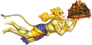 Flying Hanuman Carrying Mountain PNG Image