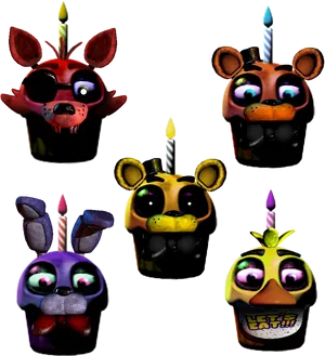 Fnaf_ Animated_ Character_ Heads_with_ Birthday_ Candles PNG Image