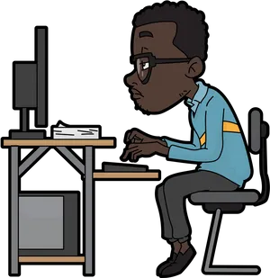 Focused Cartoon Man Workingat Desk PNG Image