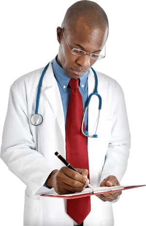 Focused Doctor Writingon Clipboard PNG Image