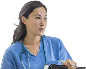 Focused Female Doctorwith Clipboard PNG Image