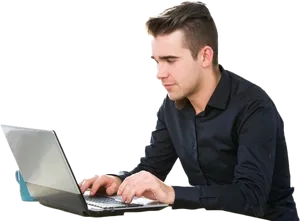 Focused Man Using Laptop PNG Image