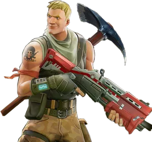 Fortnite Character With Pickaxe And Rifle PNG Image