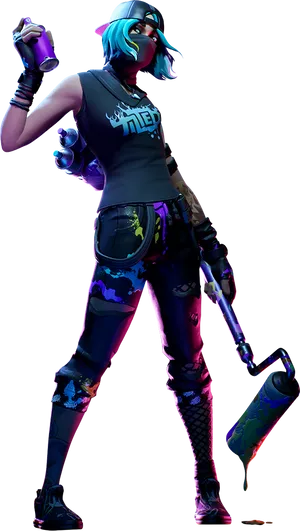 Fortnite Female Characterwith Blue Hairand Graffiti Gear PNG Image