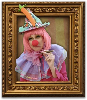 Framed Clownwith Carrot Hatand Red Nose PNG Image