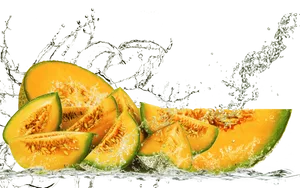 Fresh Cantaloupe Slices Water Splash PNG Image