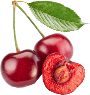 Fresh Cherries With Leafand Pit PNG Image