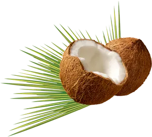 Fresh Coconut Halfwith Green Leaves PNG Image