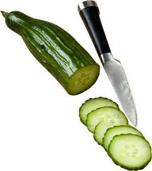 Fresh Cucumberand Sliceswith Knife.png PNG Image