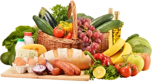 Fresh Grocery Selection Basket Fruits Vegetables Bread PNG Image