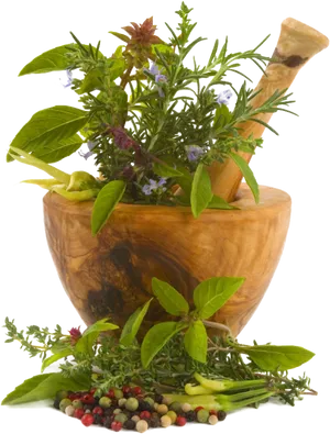 Fresh Herbsand Mortar Pestle PNG Image