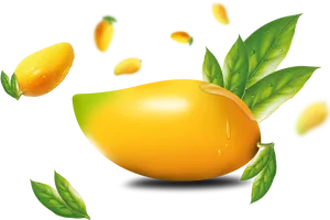 Fresh Mango With Water Dropletsand Leaves PNG Image