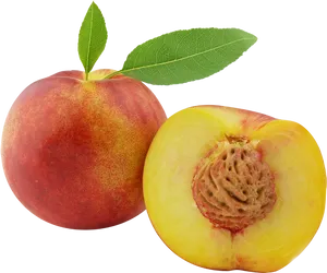 Fresh Peachand Half Cut Peachwith Leaf PNG Image