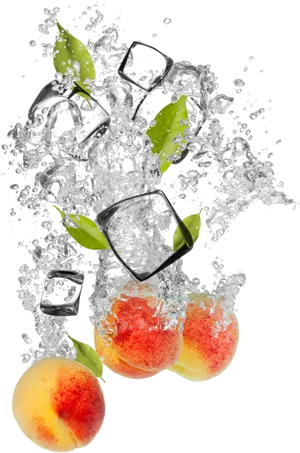 Fresh Peaches Splash Ice Cubes PNG Image