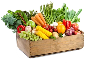 Fresh Vegetablesand Fruitsin Wooden Crate PNG Image