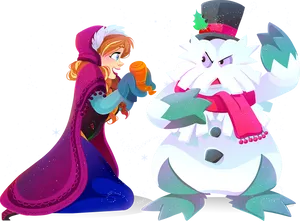 Frozen Annaand Snowman Character Interaction PNG Image