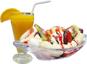 Fruit Ice Cream Sundae With Orange Juice PNG Image