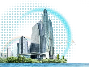 Futuristic Cityscapewith Rainbowand Tower PNG Image