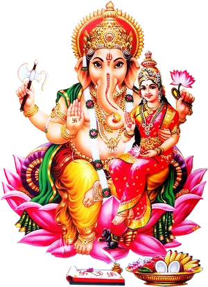 Ganeshaand Lakshmion Lotus PNG Image