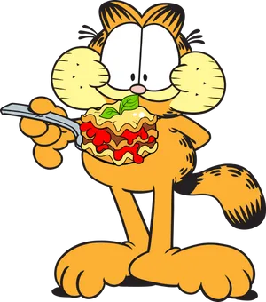 Garfield_ Enjoying_ Lasagna PNG Image