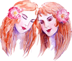 Gemini Zodiac Watercolor Twins PNG Image