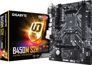 Gigabyte B450 M S2 H Motherboard Packagingand Product PNG Image