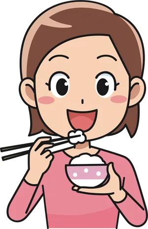 Girl Eating With Chopsticks Cartoon PNG Image