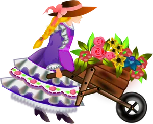 Girl Pushing Flower Wheelbarrow Illustration PNG Image