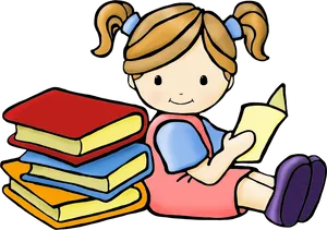 Girl Reading Books Cartoon PNG