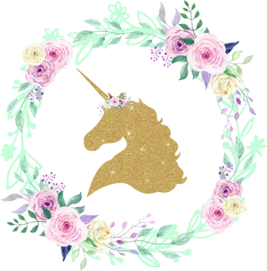 Glittery Unicorn Floral Wreath PNG Image