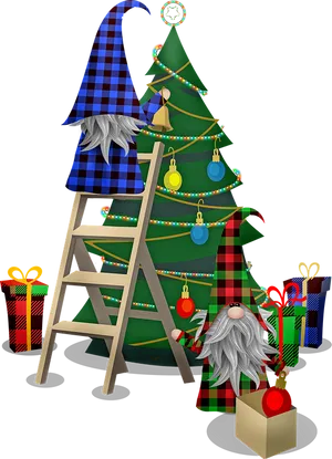 Gnomes Decorating Christmas Tree PNG Image