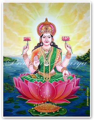 Goddess Lakshmion Lotus Painting PNG Image