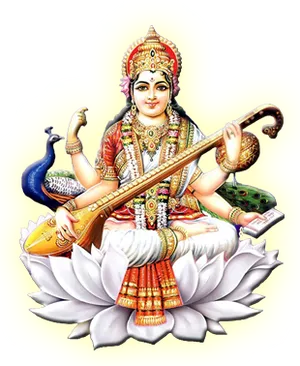 Goddess Saraswati Seatedon Lotus PNG Image