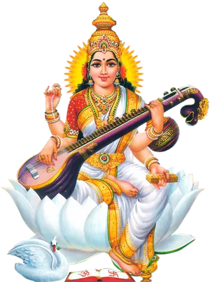 Goddess Saraswati Seatedon Lotus PNG Image