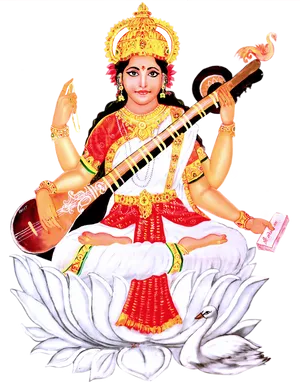 Goddess Saraswati Seatedon Lotus PNG Image