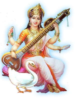 Goddess_ Saraswati_with_ Veena_and_ Swan PNG Image