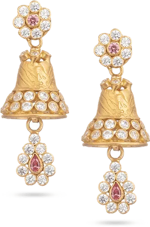 Gold Diamond Bell Drop Earrings PNG Image