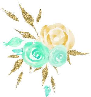 Goldand Aqua Floral Artwork PNG Image