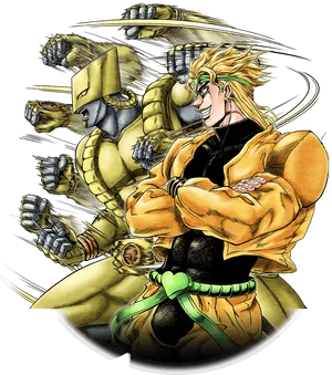 Golden_ Anime_ Character_and_ Mechanical_ Companion PNG Image