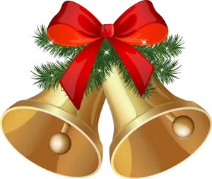 Golden Christmas Bellswith Red Bow PNG Image