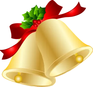 Golden Christmas Bellswith Red Ribbon PNG Image