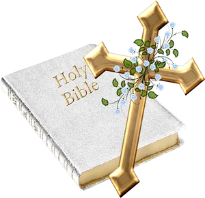 Golden Cross Biblewith Flowers PNG Image