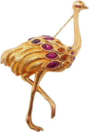 Golden Emu Broochwith Purple Gemstones PNG Image