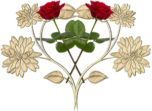 Golden Floral Designwith Red Rose PNG Image